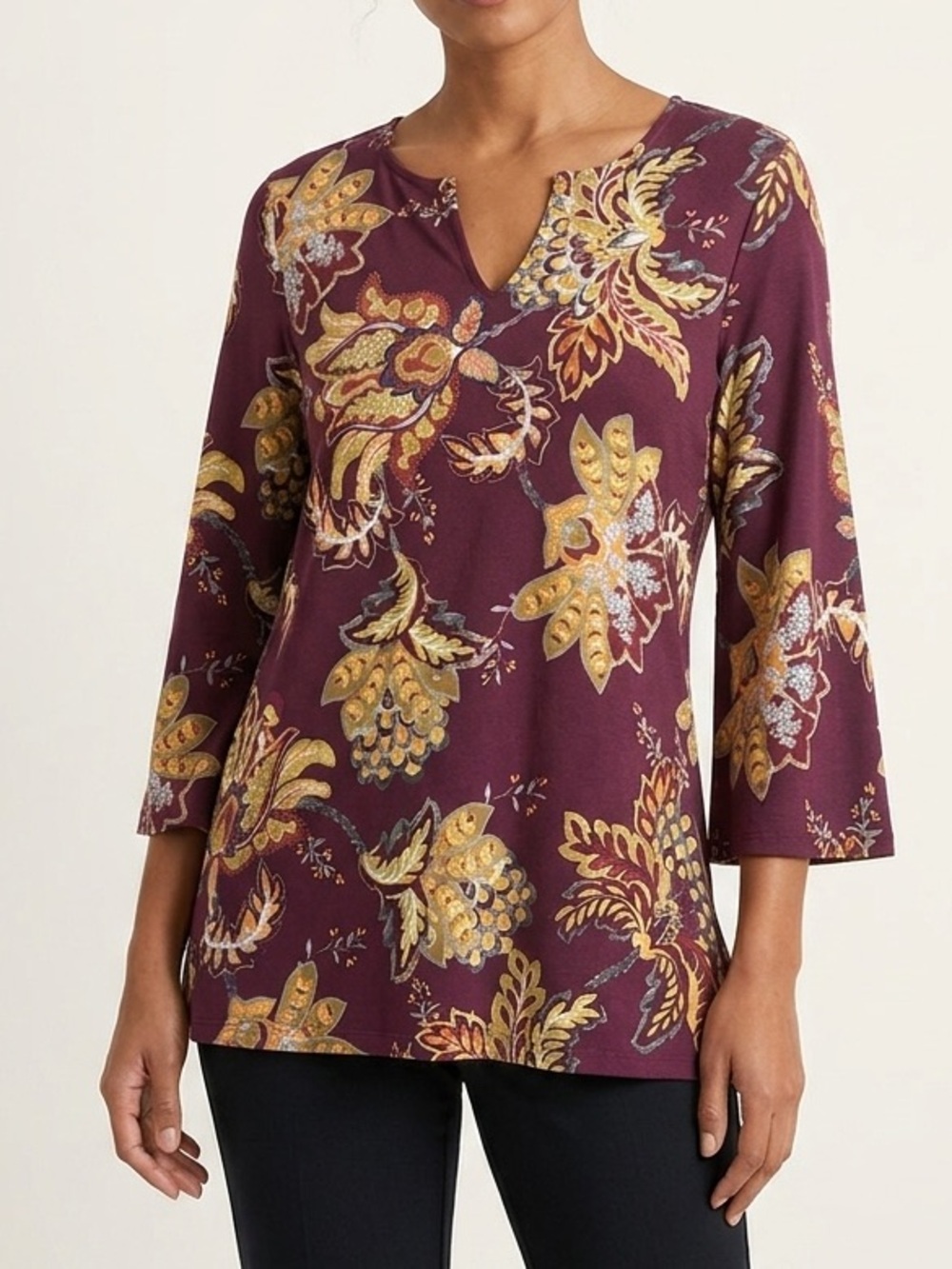 Chico's Plum and Gold Floral V-Neck Tunic